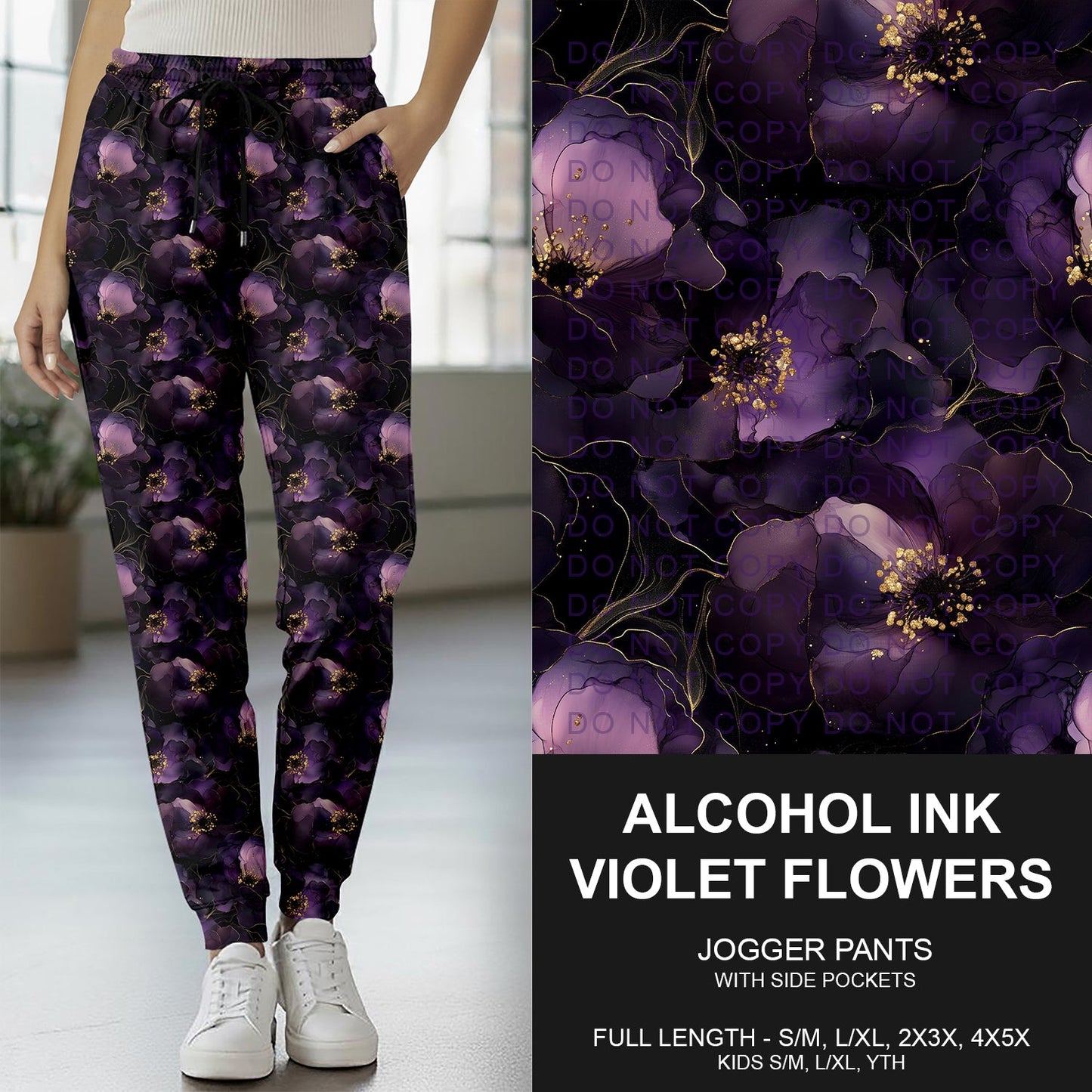 B260 - Preorder Alcohol Ink Violet Flowers Joggers (Closes 11/09. ETA mid Jan.)