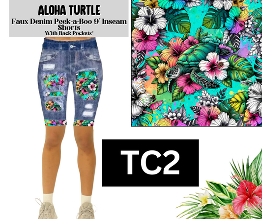 Aloha Turtle Faux Denim Peekaboo Jamaica Shorts