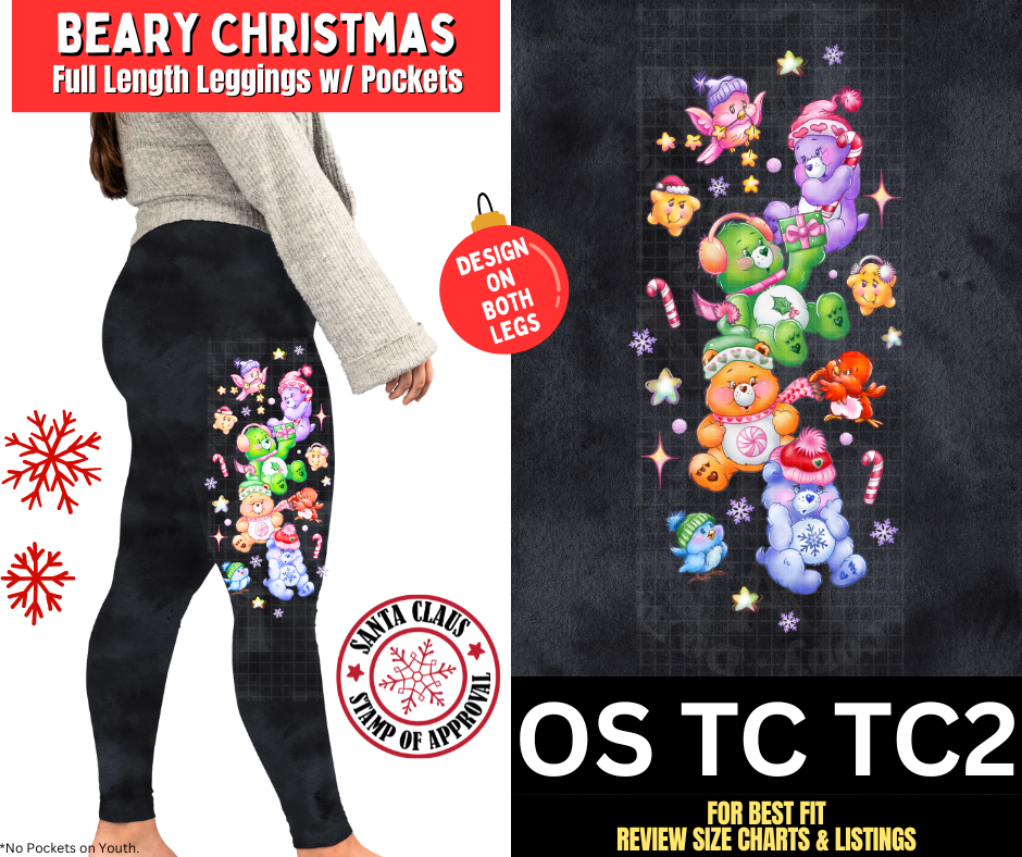 Beary Christmas Watercolor Full Length Leggings w/ Side Leg Designs