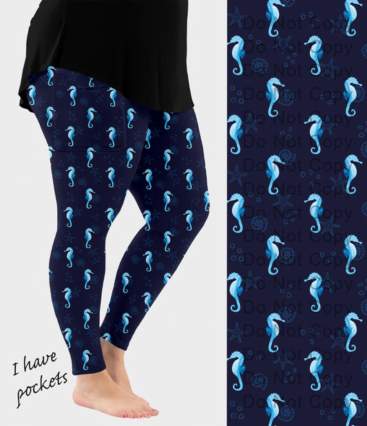 RTS - Blue Seahorse Leggings w/ Pockets