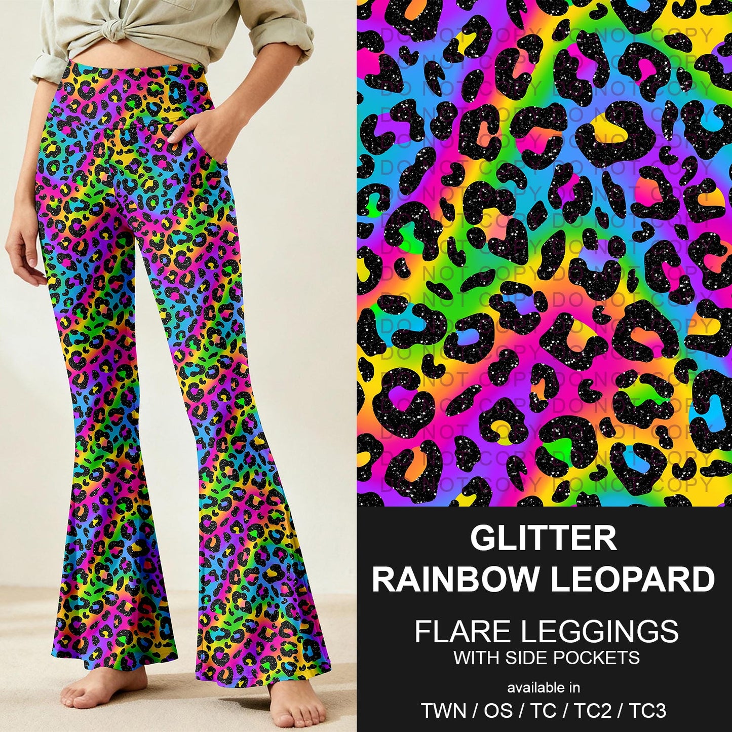 B259 - Preorder Glitter Rainbow Leopard Flare Leggings (Closes 11/07. ETA: mid Jan.)