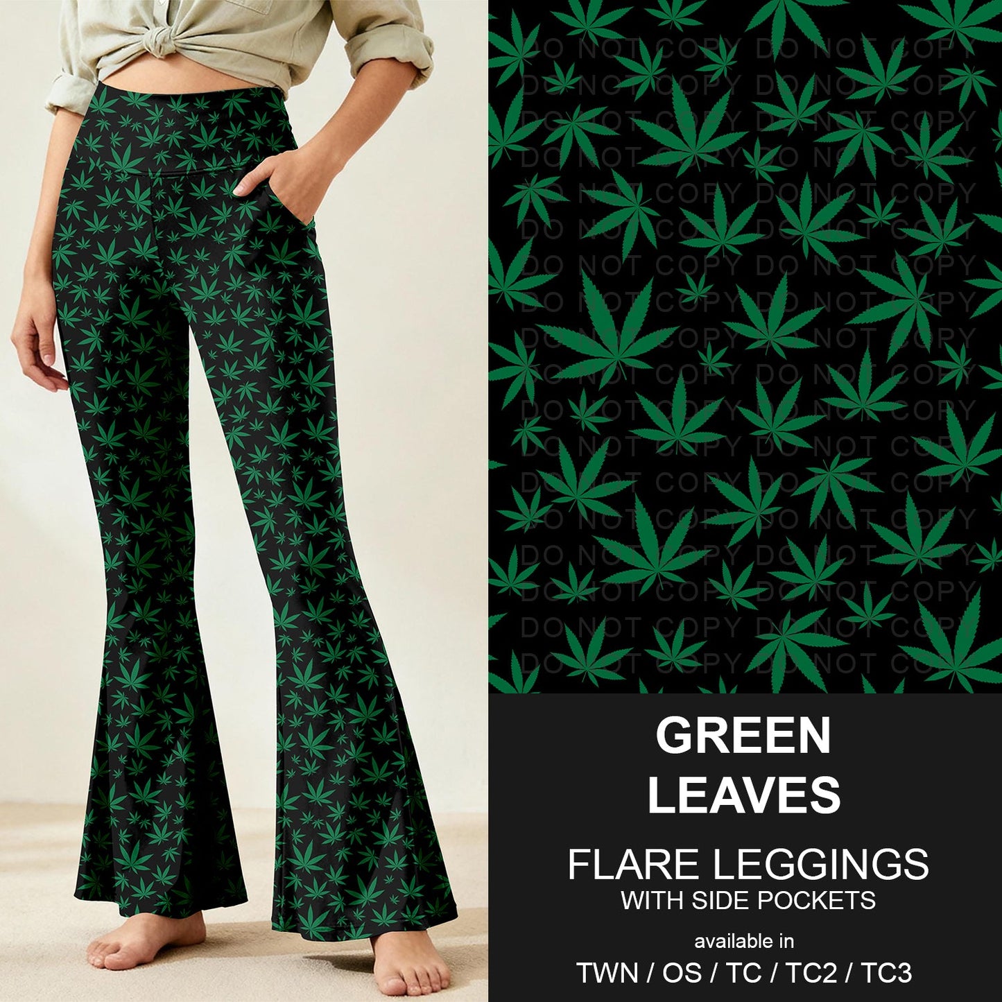 B259 - Preorder Green Leaves Flare Leggings (Closes 11/07. ETA: mid Jan.)