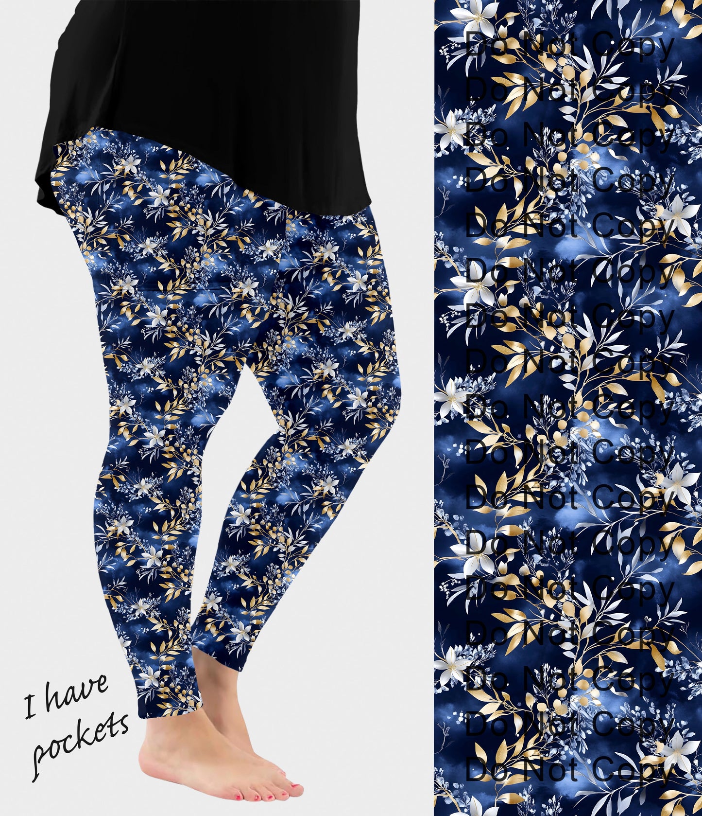 RTS - Golden Blue Floral Leggings w/ Pockets