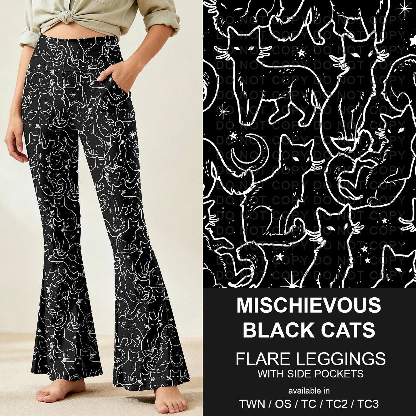 B259 - Preorder Mischievous Black Cats Flare Leggings (Closes 11/07. ETA: mid Jan.)