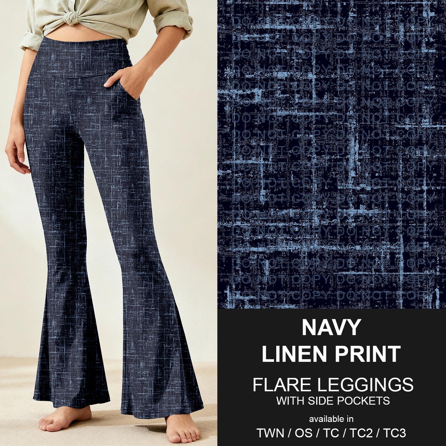 B259 - Preorder Navy Linen Print Flare Leggings (Closes 11/07. ETA: mid Jan.)