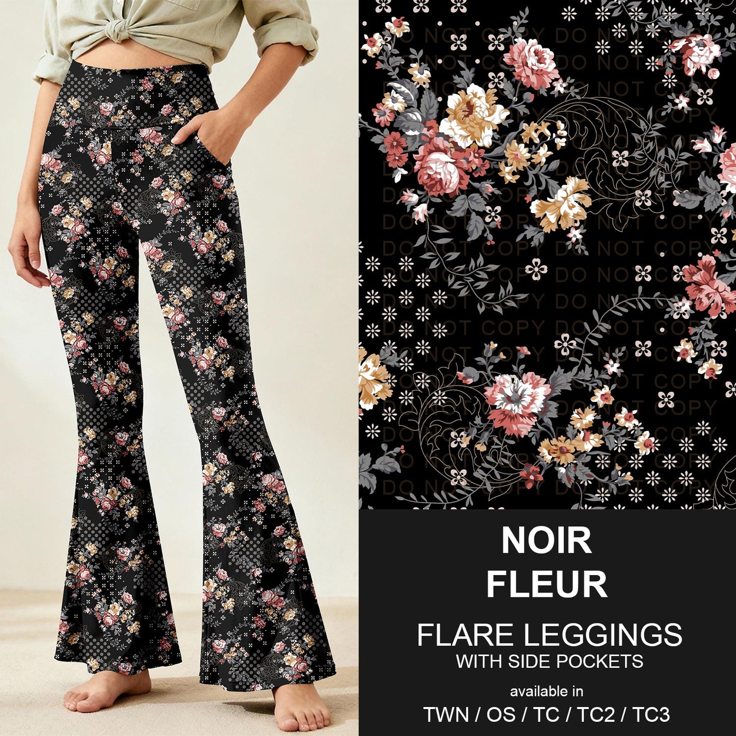 B259 - Preorder Noir Fleur Flare Leggings (Closes 11/07. ETA: mid Jan.)