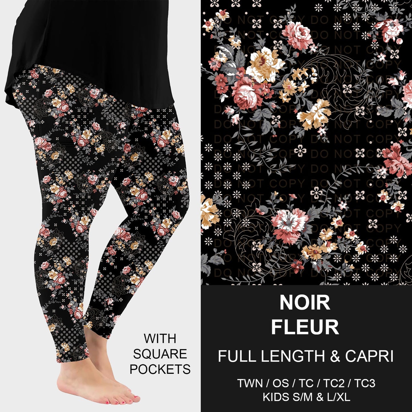 B260 - Preorder Noir Fleur Leggings w/ Pockets (Closes 11/09. ETA: mid Jan.)
