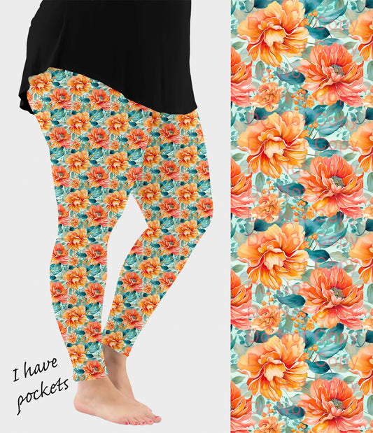 RTS - Orange Blooms Leggings w/ Pockets