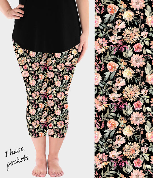 RTS - Peach Dahlias Capri Leggings w/ Pockets