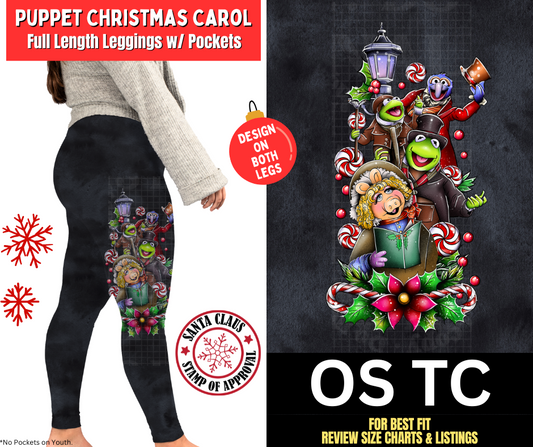 Puppet Christmas Carol Watercolor Leggings W/ Side Leg Design Choose Fleece or Traditional