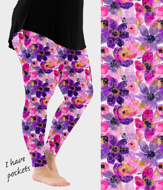 RTS - Purple Abstract Flowers Leggings w/ Pockets