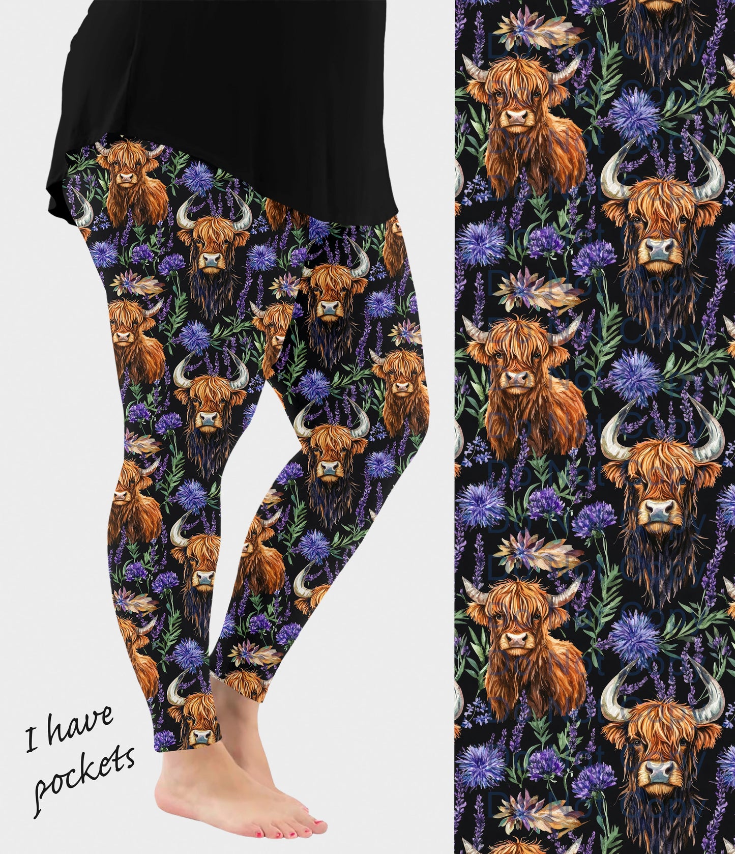 RTS - Purple Highland Cows Leggings w/ Pockets