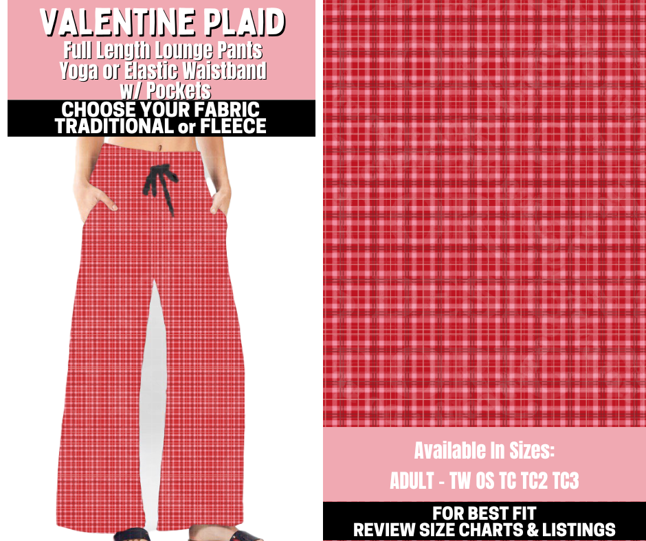 Preorder! Closes 11/12. ETA Jan. Valentine Plaid Lounge Pants Choose Fleece or Traditional