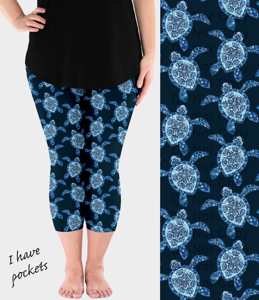 RTS - Blue Pattern Sea Turtle Capri Leggings w/ Pockets