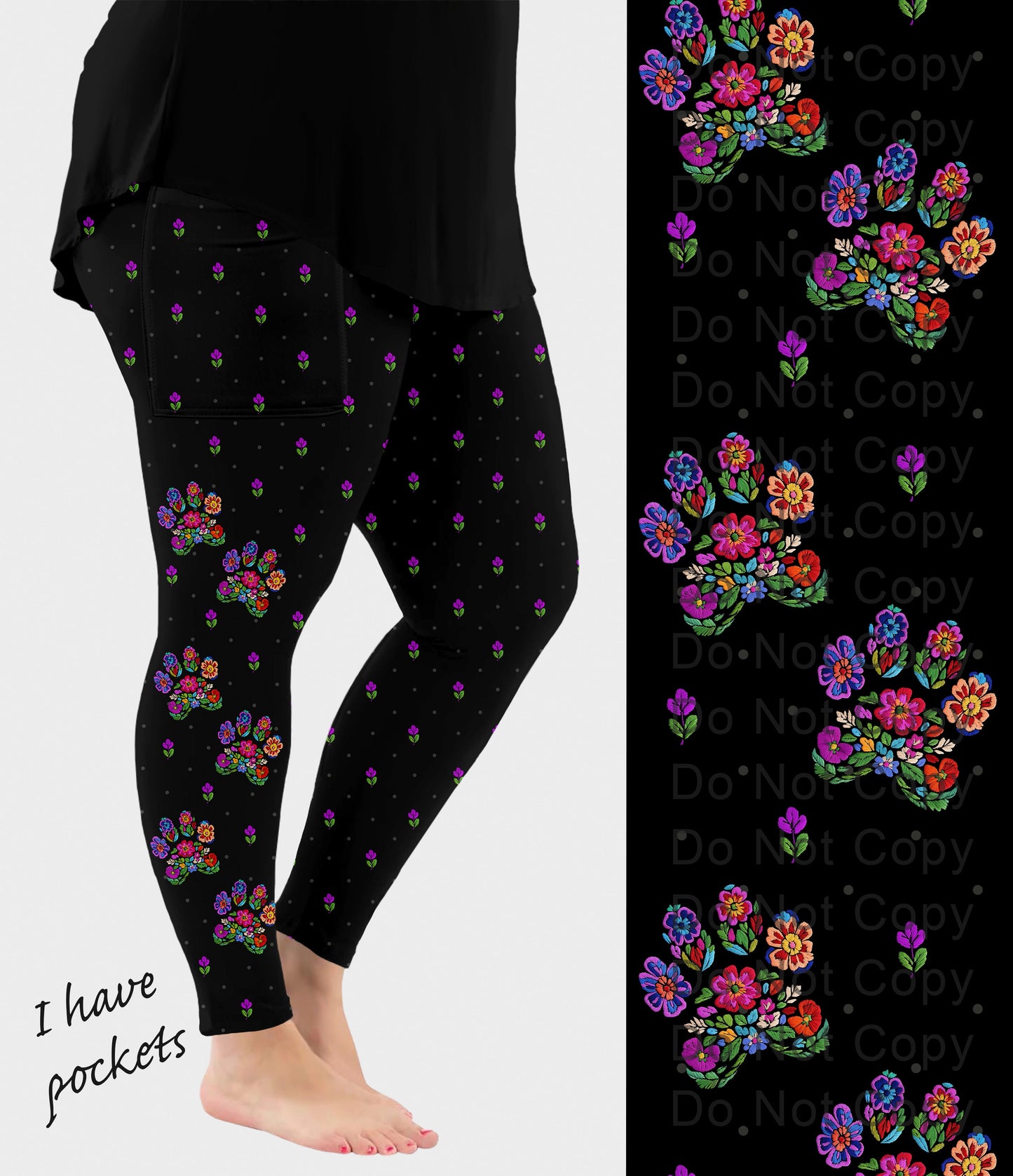RTS - Embroidered Paws Side Design Leggings w/ Pockets