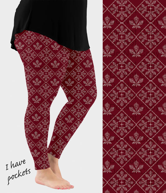 RTS - Red Autumn Leaves Leggings w/ Pockets