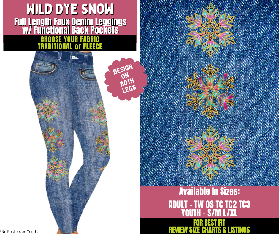 Preorder! Closes 11/5. ETA Jan. Wild Dye Snow Faux Denim Leggings w/ Side Leg Designs Choose Fleece or Traditional