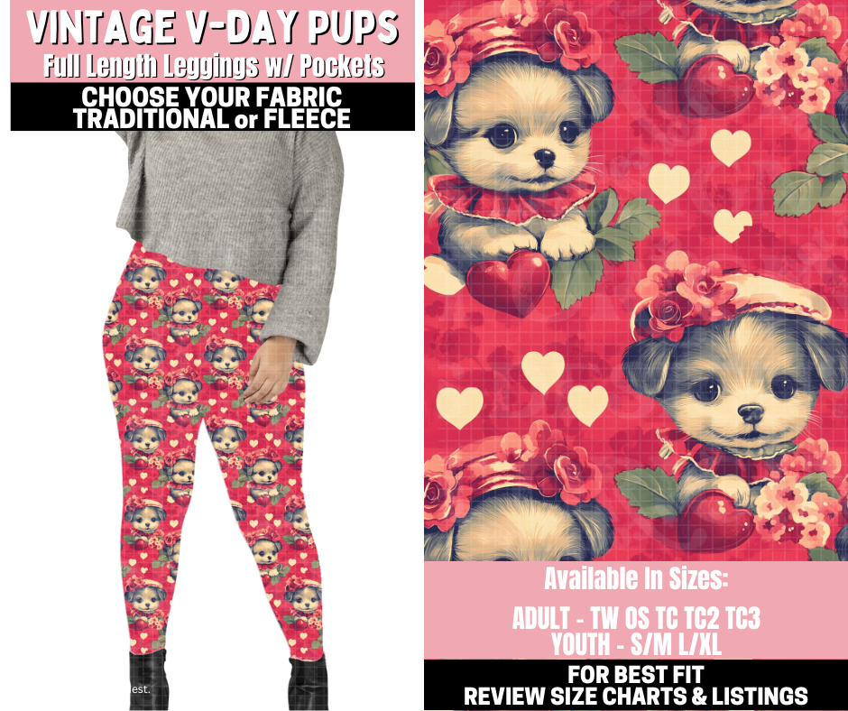 Preorder! Closes 11/12. ETA Jan. Vintage V-day Pups Leggings Choose Fleece or Traditional