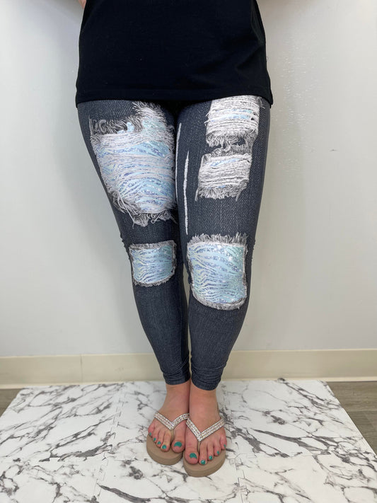 Zebra Glitter Denim Leggings w/o Pockets