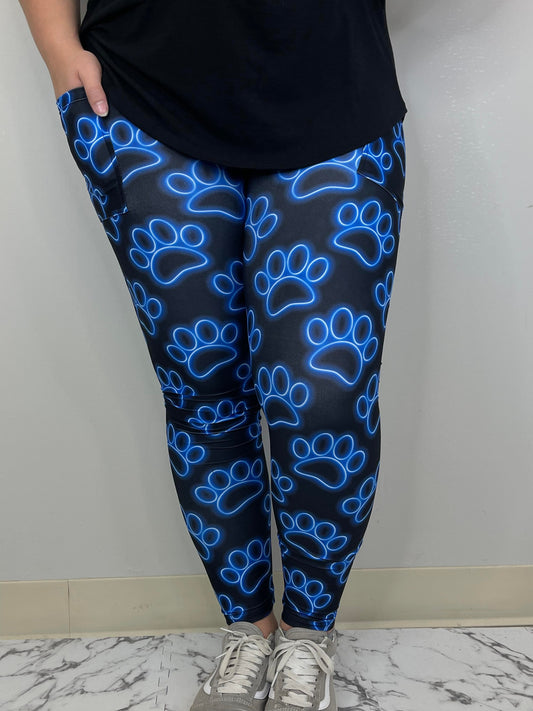 Blue Neon Paws Leggings w/ Pockets