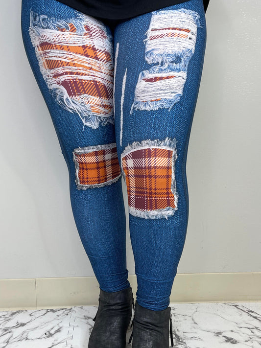 BLUE Orange & Burgundy Plaid Leggings w/o Pockets
