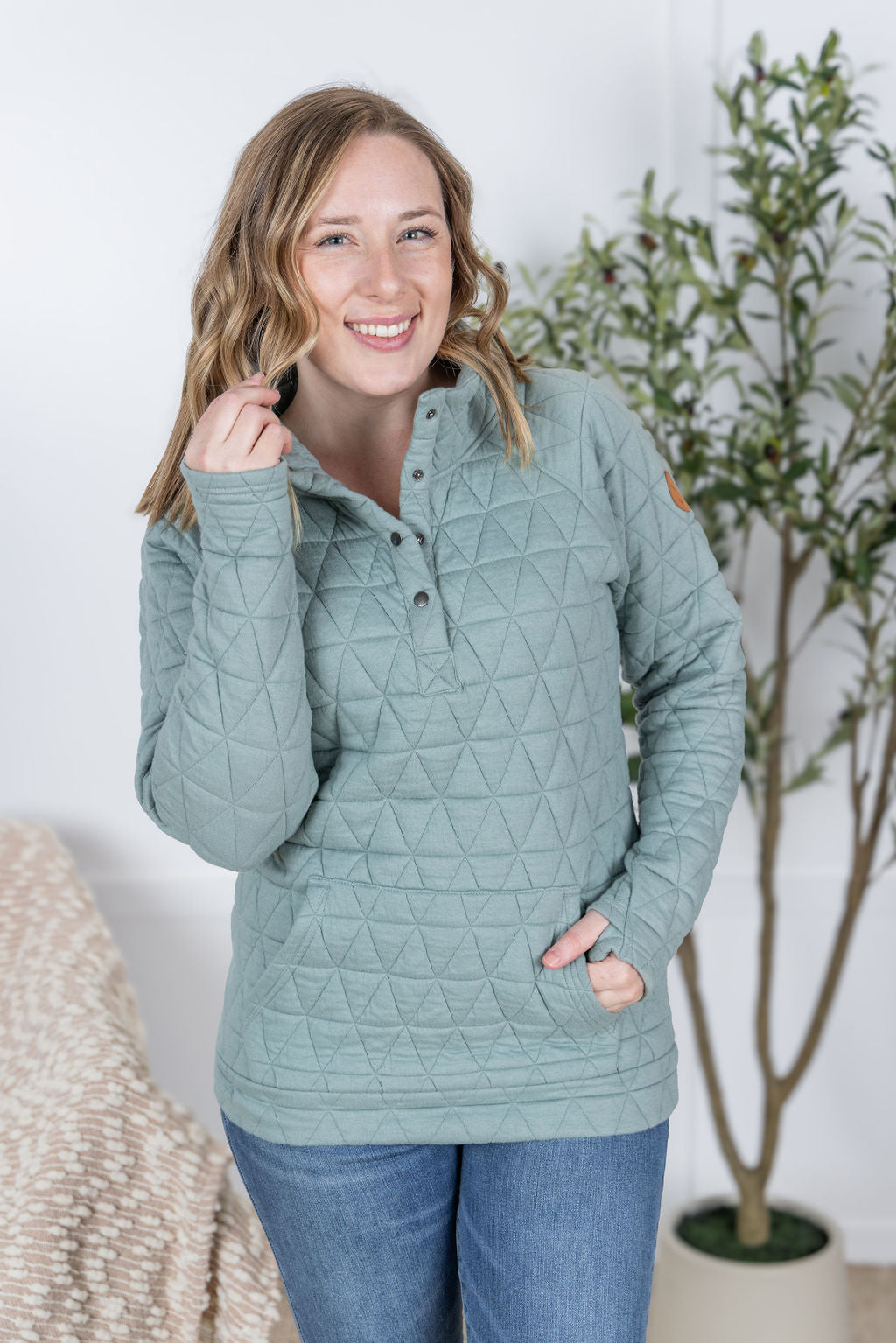IN STOCK Geometric Button Snap Pullover - Sage