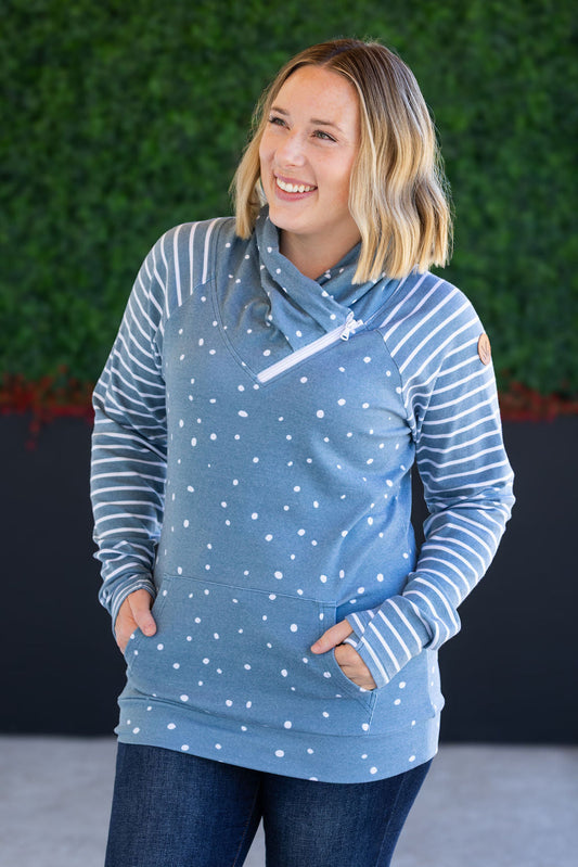 IN STOCK Zoey ZipCowl Sweatshirt - Teal Dots and Stripes FINAL SALE