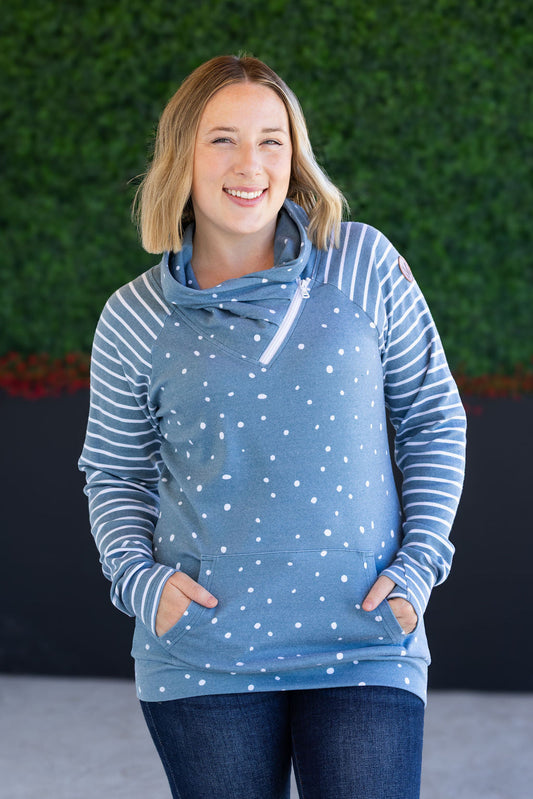 IN STOCK Zoey ZipCowl Sweatshirt - Teal Dots and Stripes FINAL SALE