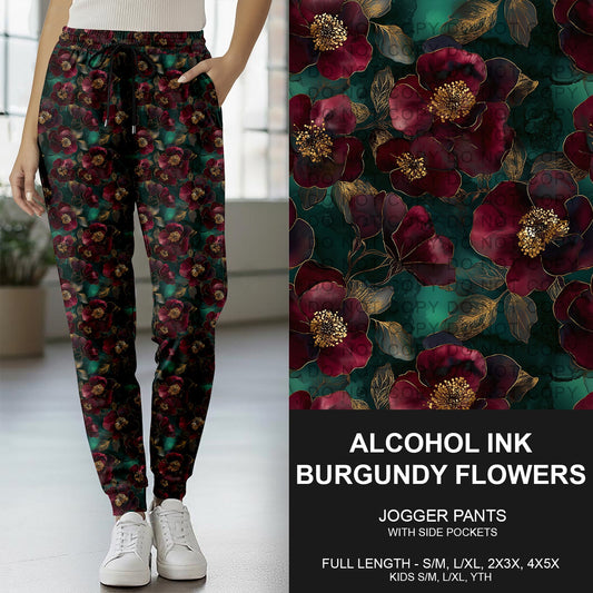 B260 - Preorder Alcohol Ink Burgundy Flowers Joggers (Closes 11/09. ETA mid Jan.)