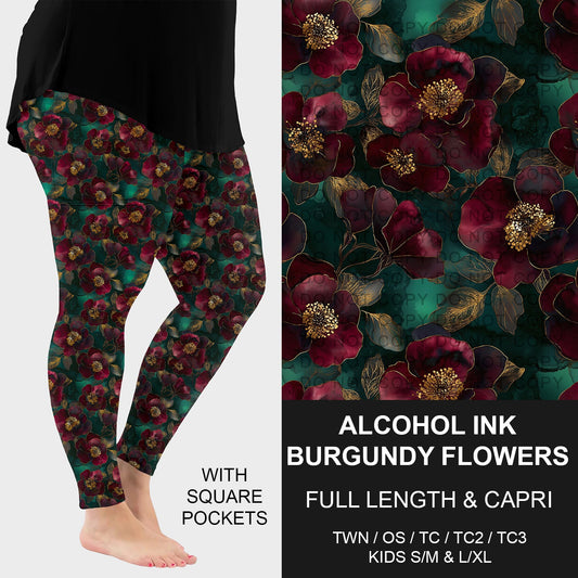 B260 - Preorder Alcohol Ink Burgundy Flowers Leggings w/ Pockets (Closes 11/09. ETA: mid Jan.)