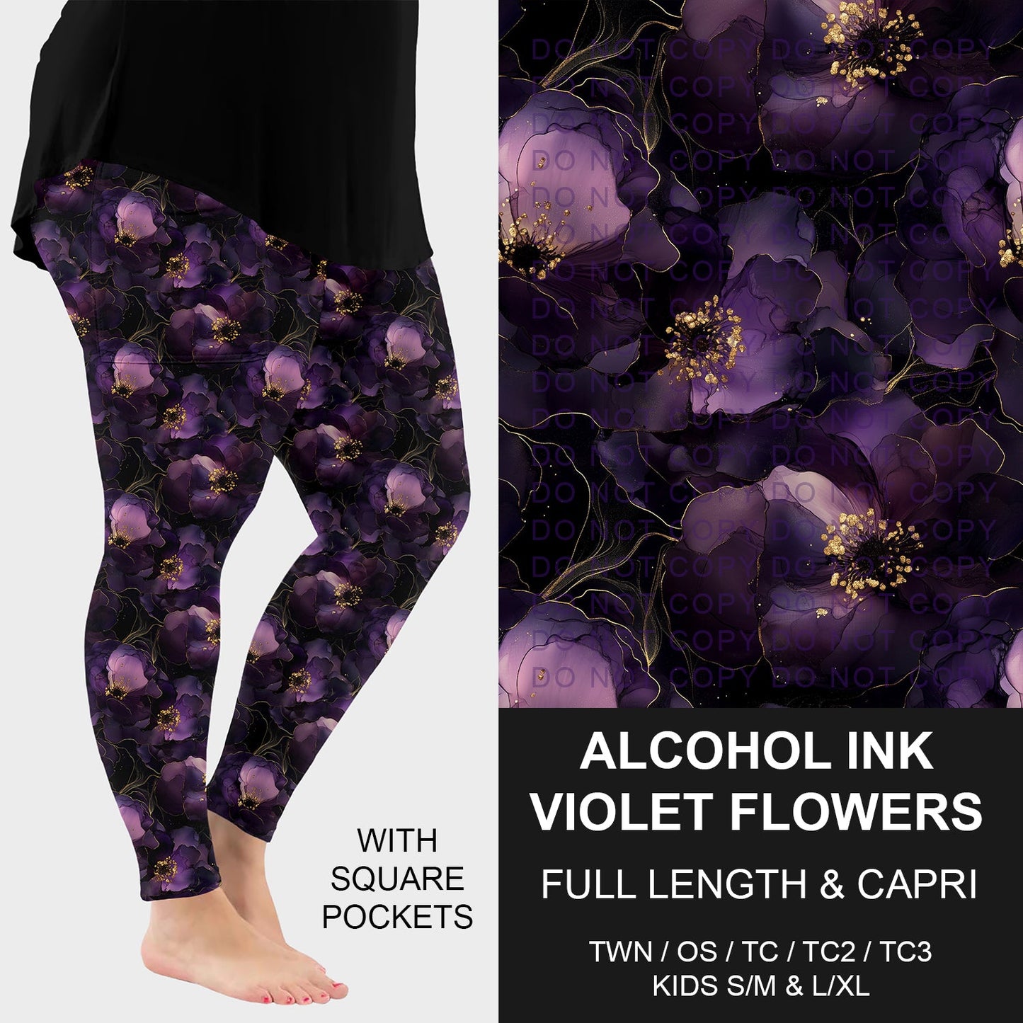 B260 - Preorder Alcohol Ink Violet Flowers Leggings w/ Pockets (Closes 11/09. ETA: mid Jan.)
