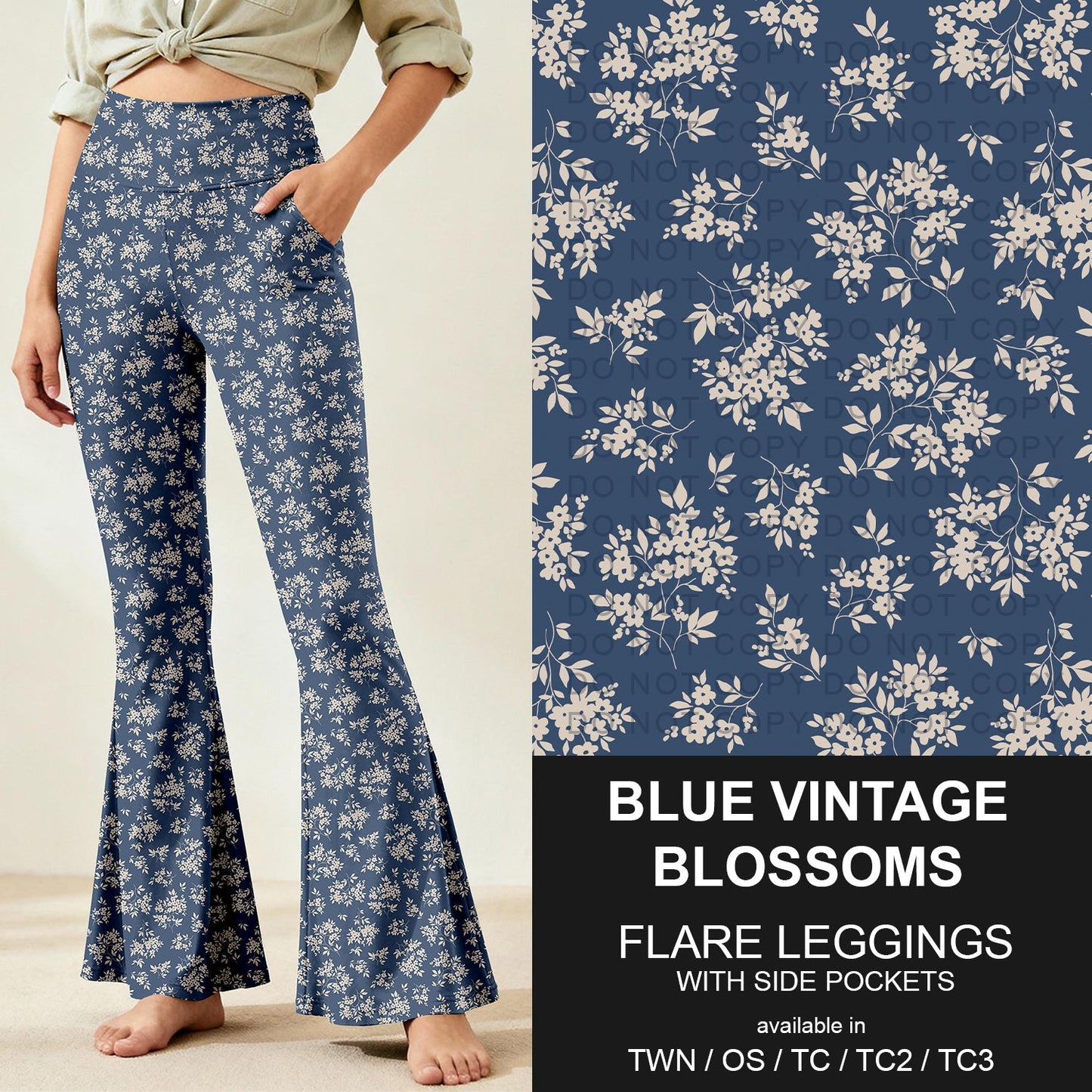 B259 - Preorder Blue Vintage Blossoms Flare Leggings (Closes 11/07. ETA: mid Jan.)