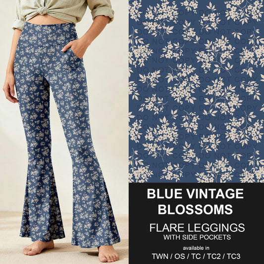 B259 - Preorder Blue Vintage Blossoms Flare Leggings (Closes 11/07. ETA: mid Jan.)