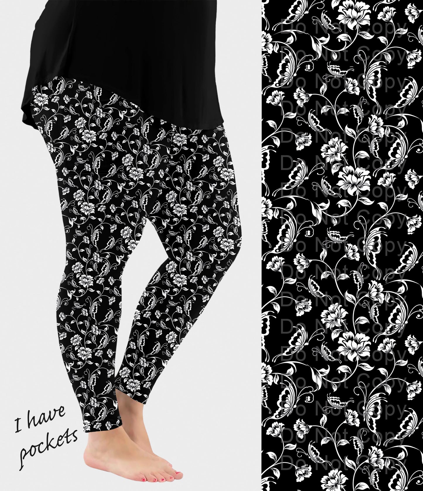 RTS - BW Butterfly Flowers Leggings w/ Pockets