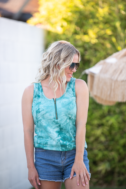 IN STOCK Mila Zipper Tank - Teal Tie Dye