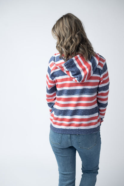 IN STOCK Fullzip Hoodie - Striped Red, White, and Micro Blue Stars FINAL SALE