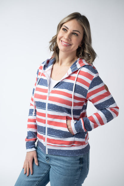 IN STOCK Fullzip Hoodie - Striped Red, White, and Micro Blue Stars FINAL SALE