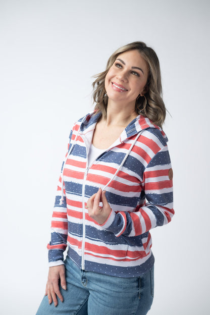 IN STOCK Fullzip Hoodie - Striped Red, White, and Micro Blue Stars FINAL SALE
