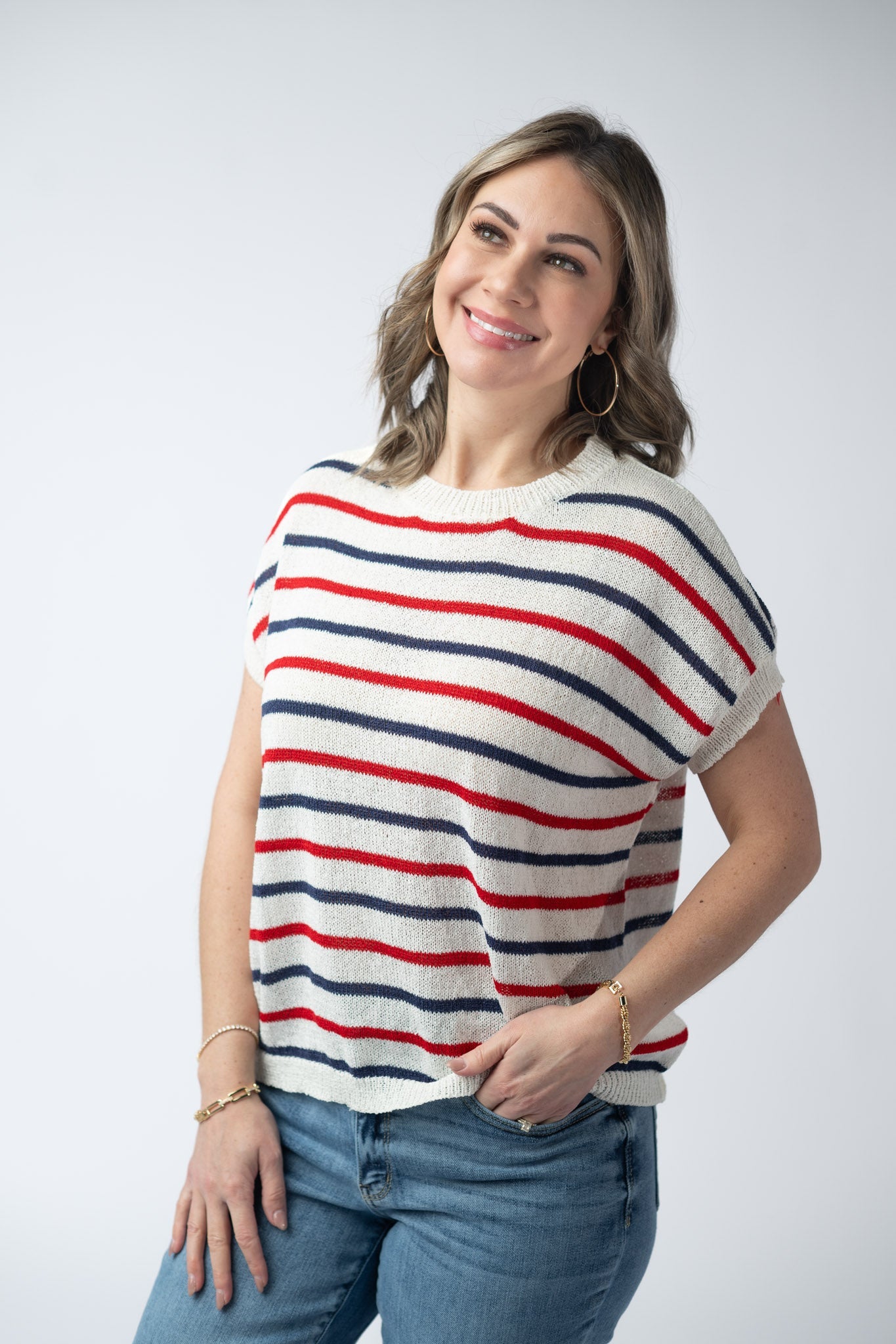 IN STOCK Red, White, and Blue Stripes Open Knit Top FINAL SALE