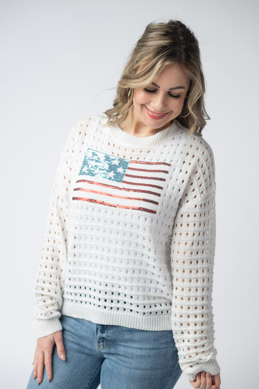 IN STOCK USA Sequin Flag Open Knit Pullover FINAL SALE