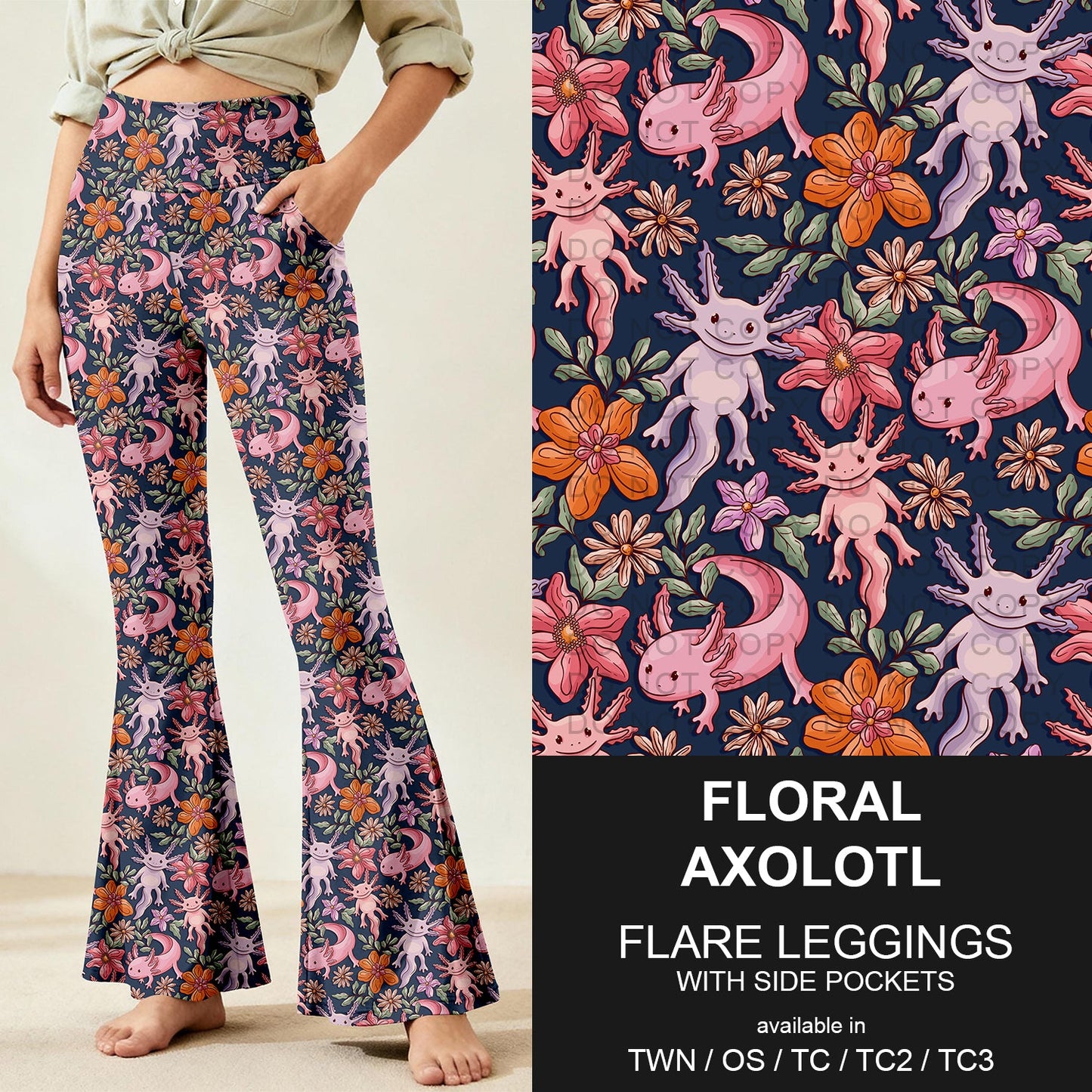 B259 - Preorder Floral Axolotl Flare Leggings (Closes 11/07. ETA: mid Jan.)