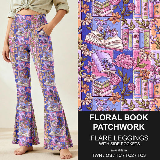 B259 - Preorder Floral Book Patchwork Flare Leggings (Closes 11/07. ETA: mid Jan.)