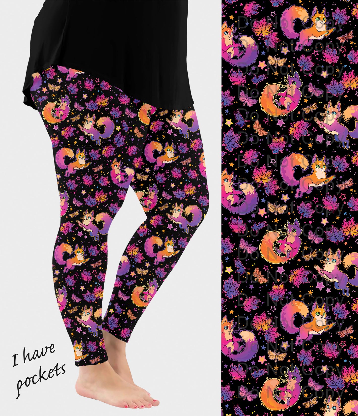 RTS - Fluffy Kitty Cat Leaves Leggings w/ Pockets
