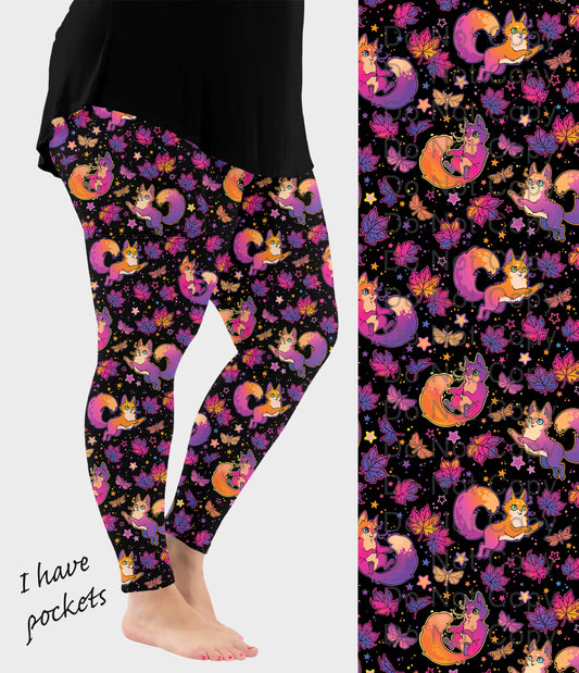 RTS - Fluffy Kitty Cat Leaves Leggings w/ Pockets