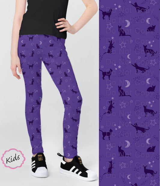 RTS - Kids Purple Star Moon Kitty Leggings w/ Pockets