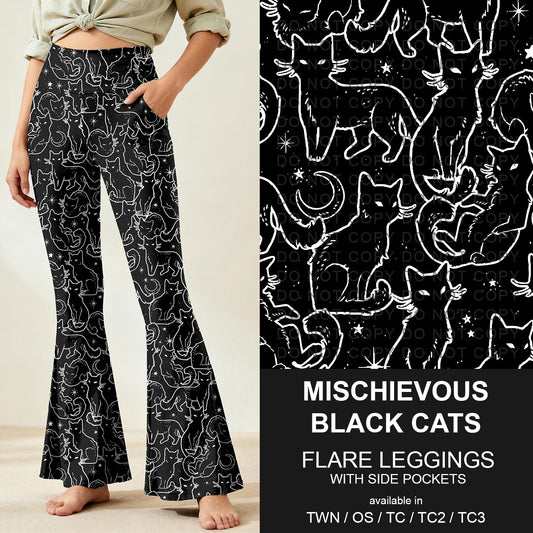 B259 - Preorder Mischievous Black Cats Flare Leggings (Closes 11/07. ETA: mid Jan.)