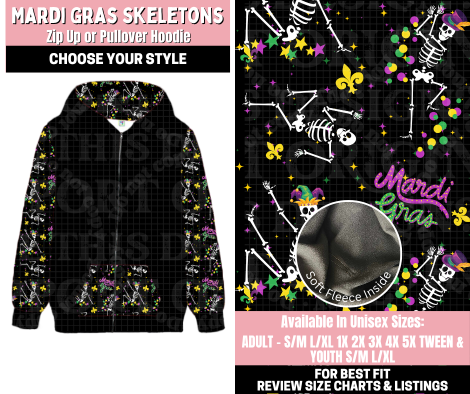 Preorder! Closes 11/12. ETA Jan. Mardi Gras Skeletons k Love Zip-Up or Pullover Hoodie