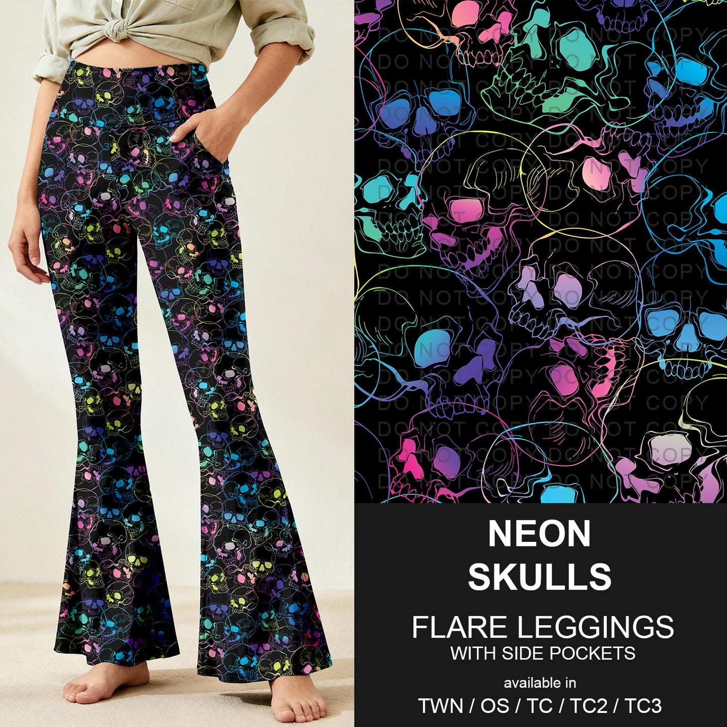 B259 - Preorder Neon Skulls Flare Leggings (Closes 11/07. ETA: mid Jan.)