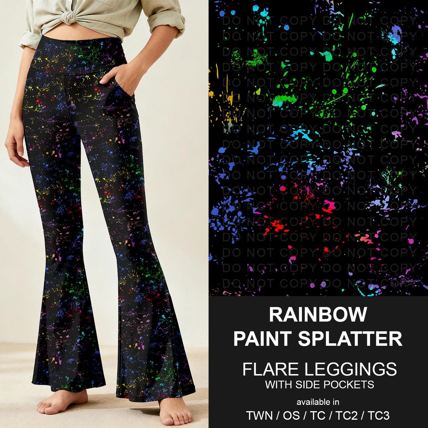 B259 - Preorder Rainbow Paint Splatter Flare Leggings (Closes 11/07. ETA: mid Jan.)