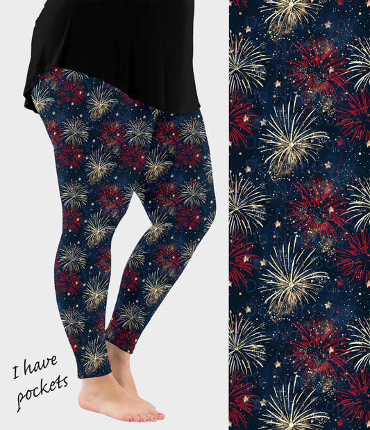 RTS - Red and Gold Fireworks Leggings w/ Pockets